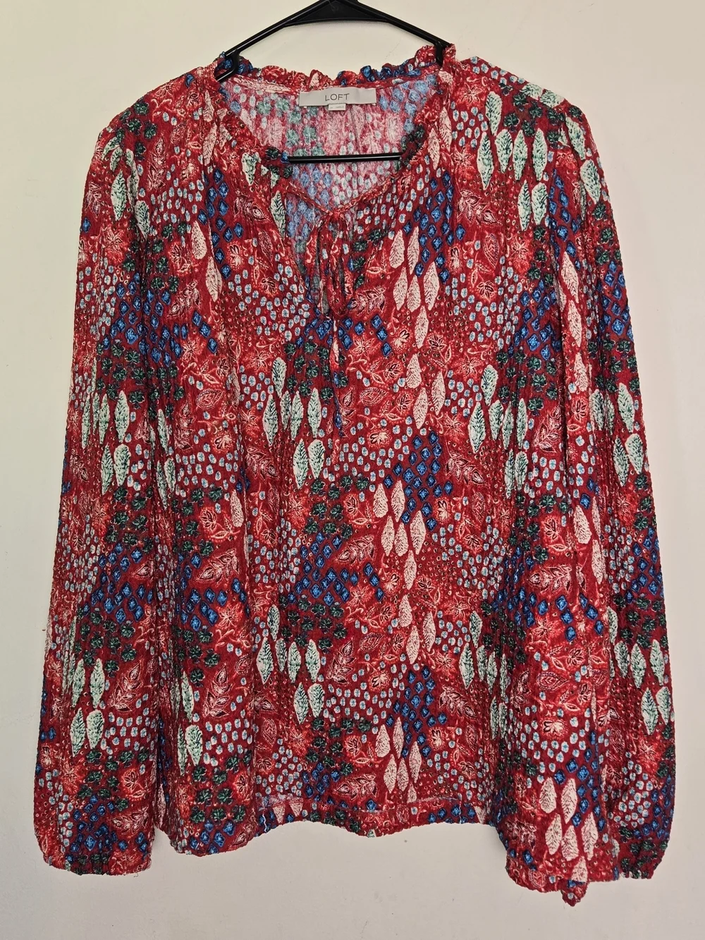 LOFT Gauzy Ruffle Neck Long Sleeve Top Size XL flowy Red Indie Bright Print - Picture 1 of 7